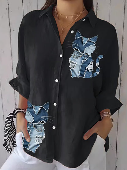 Women's Retro Funny Denim Patch Animal Cat Print Casual Shirt artswardrobe