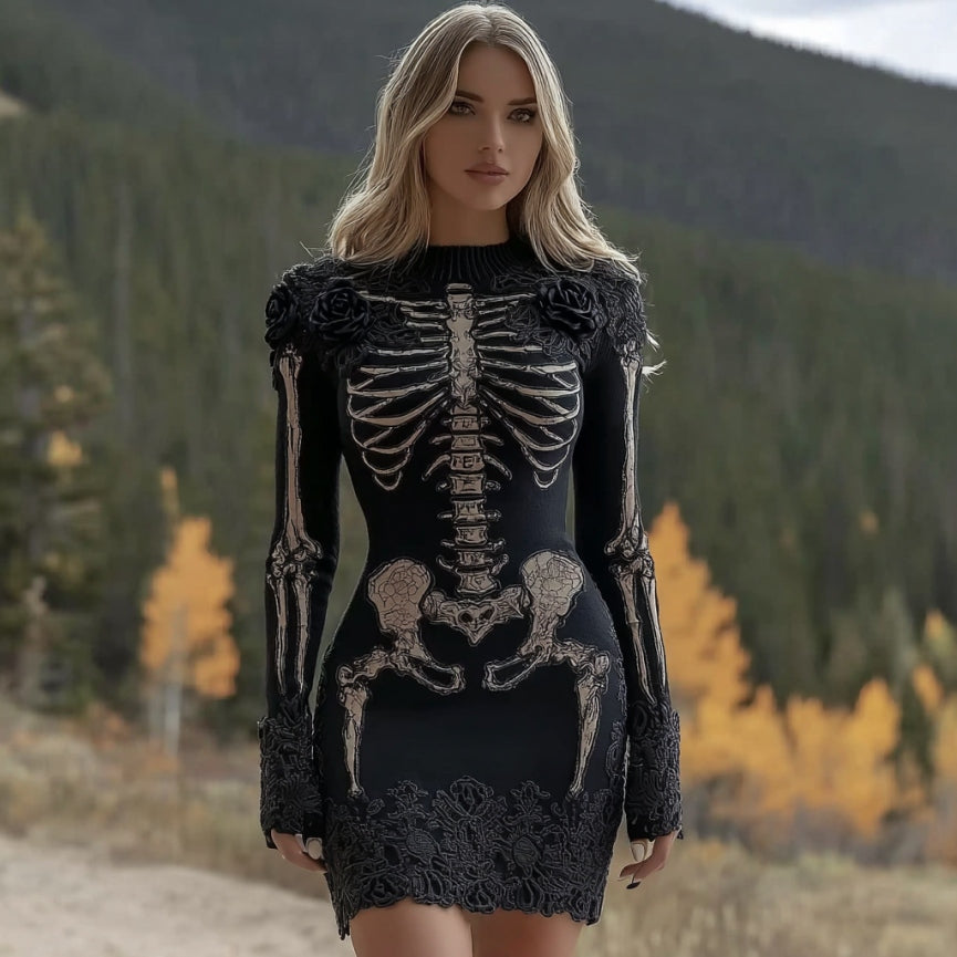 Women's Halloween Skeleton Flower Lace Art Embroidery Cozy Knit Mini Sweater Dress artswardrobe