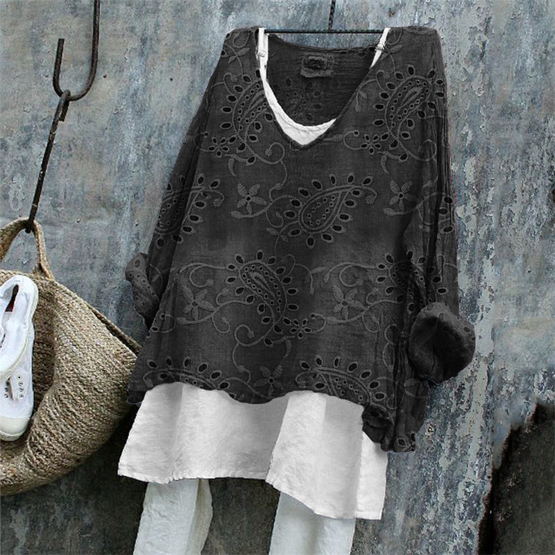 Comstylish Vintage Western Paisley Floral Embroidered Lace Linen Blend Tunic