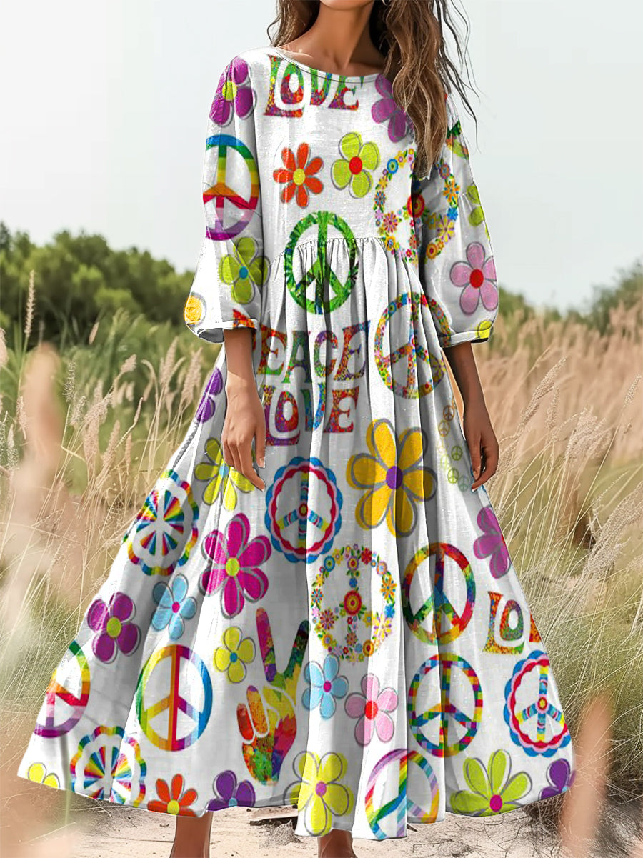 Women's Hippie Peace Love Floral Print Flowy Cotton Crew Neck Dress