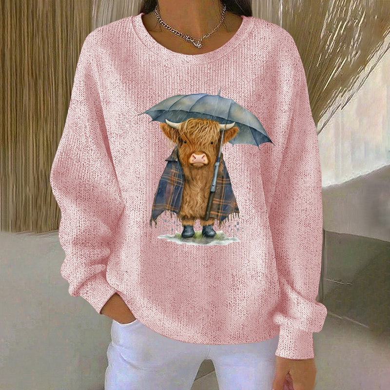 Women's Vintage Highland Cow Print Casual Crew Neck Sweatshirt artswardrobe