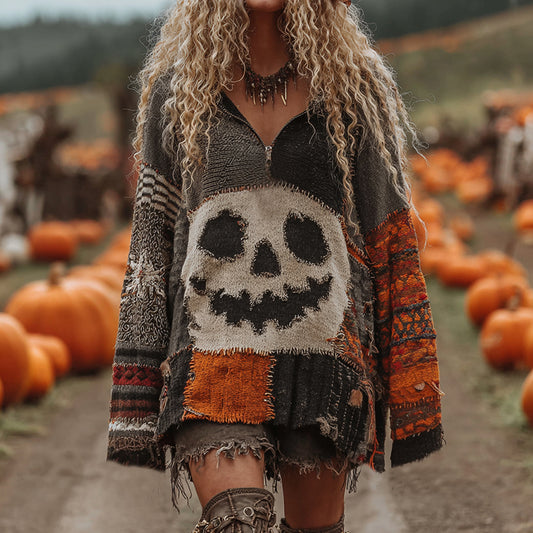 Halloween Face With Striped Art Cozy Knit Zipped Sweater elevenforest