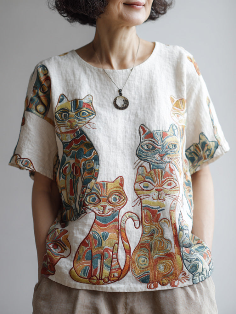 Cat Embroidery Short-sleeved Shirt elevenforest