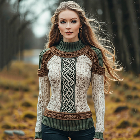 Irish Contrast Celtic Jacquard Cozy Turtleneck Knit Sweater artswardrobe