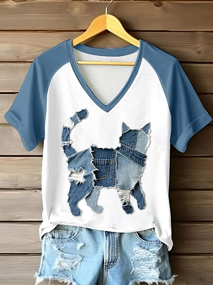 Women's Retro Funny Denim Patch Animal Cat Print Raglan Short Sleeve T-shirt artswardrobe