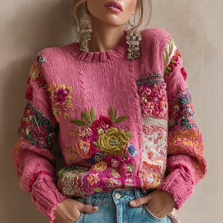 Women's Vintage Bohemian Floral Embroidery Art Cozy Knitted Sweater artswardrobe