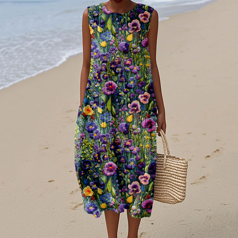 Elegant Violet Wildflower Embroidery Art Linen Tank Dress artswardrobe