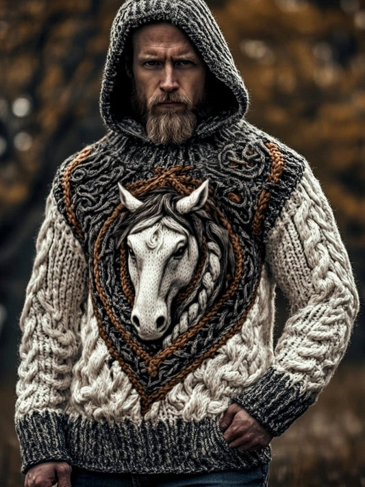 White Horse Totem Men's Hooded Knit Sweater elevenforest