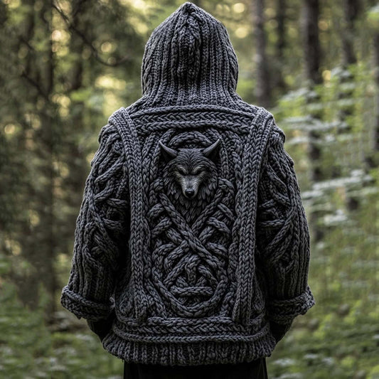 Men's Viking Wolf Celtic Jacquard Cozy Chunky Hooded Cardigan elevenforest