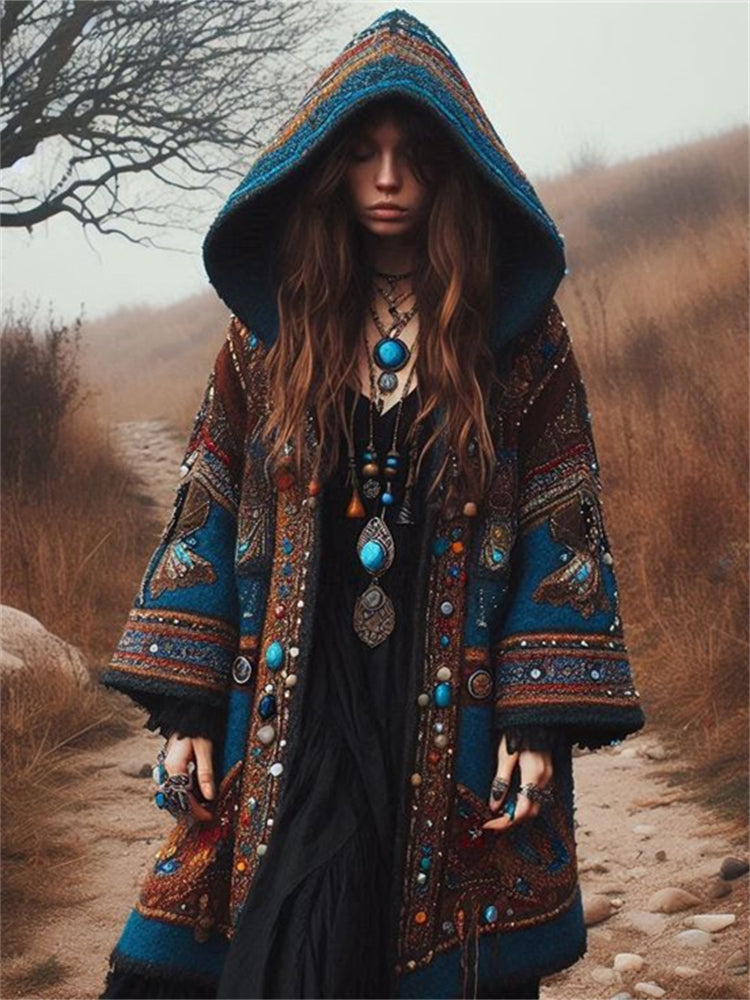 Vintage Western Ethnic Aztec Beaded Cozy Hooded Cardigan artswardrobe