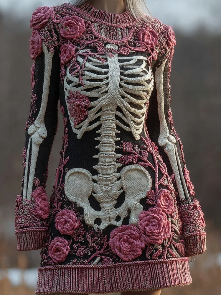 Vintage Skeleton Roses Crew Neck Comfy Sweater Dress artswardrobe