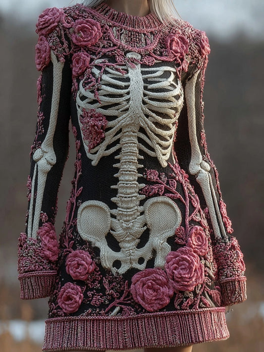 Vintage Skeleton Roses Crew Neck Comfy Sweater Dress artswardrobe