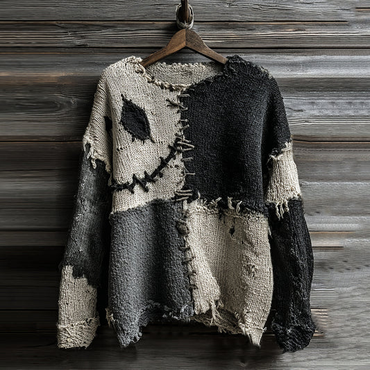 Vintage Halloween Spooky Face Sewn Knitted Crew Neck Cozy Sweater elevenforest