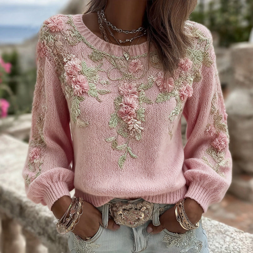 Women's Pink Floral Embroidery Art Cozy Knit Pullover Sweater artswardrobe