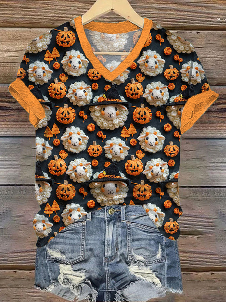 Halloween Sheeps and Pumpkins Pattern V-Neck T-Shirt artswardrobe