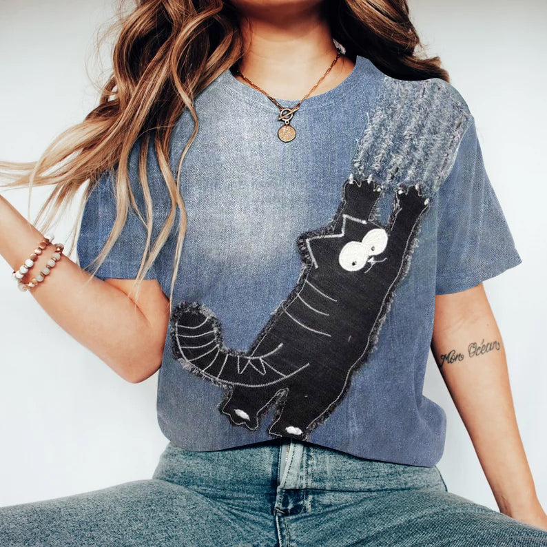 Comstylish Retro Fun Lovely Black Cat Applique Art Crewneck Cozy T Shirt