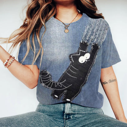 Comstylish Retro Fun Lovely Black Cat Applique Art Crewneck Cozy T Shirt
