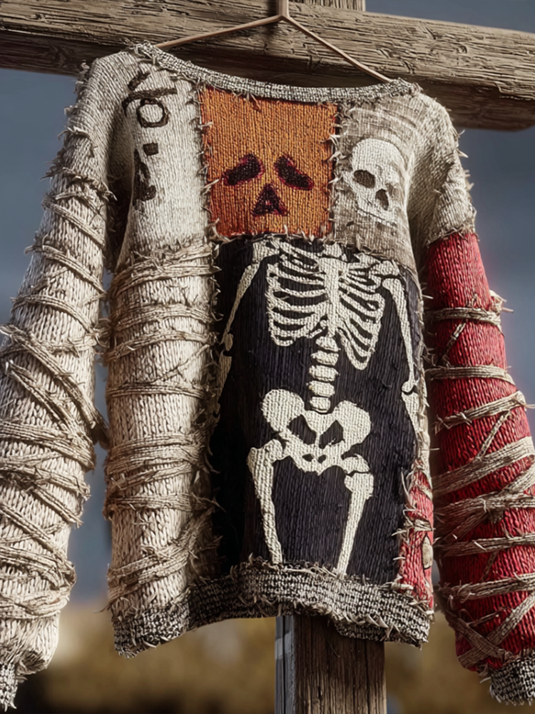 Halloween Skeleton Man Pattern Knit Round Neck Sweater artswardrobe