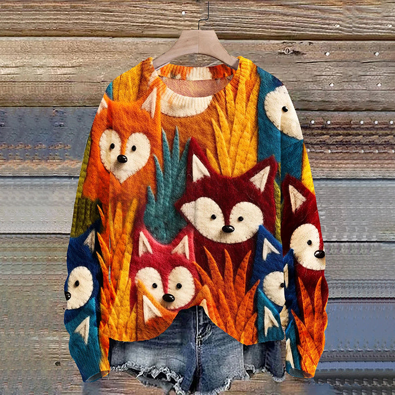 Fox Seamless Pattern Print Knit Pullover Sweater artswardrobe