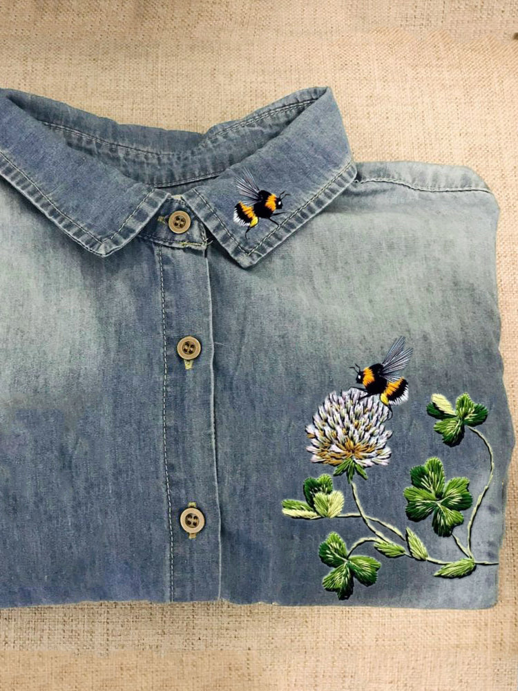 Comstylish Cottage Bees & Clovers Embroidered Washed Denim Blouse
