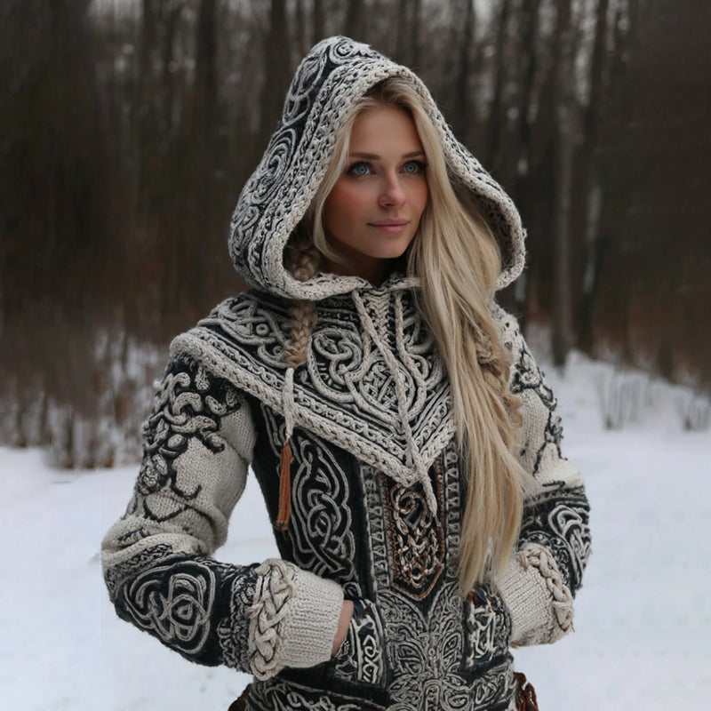 Women's Vintage Viking Celtic Knot Patchwork Knit Hooded Sweater artswardrobe