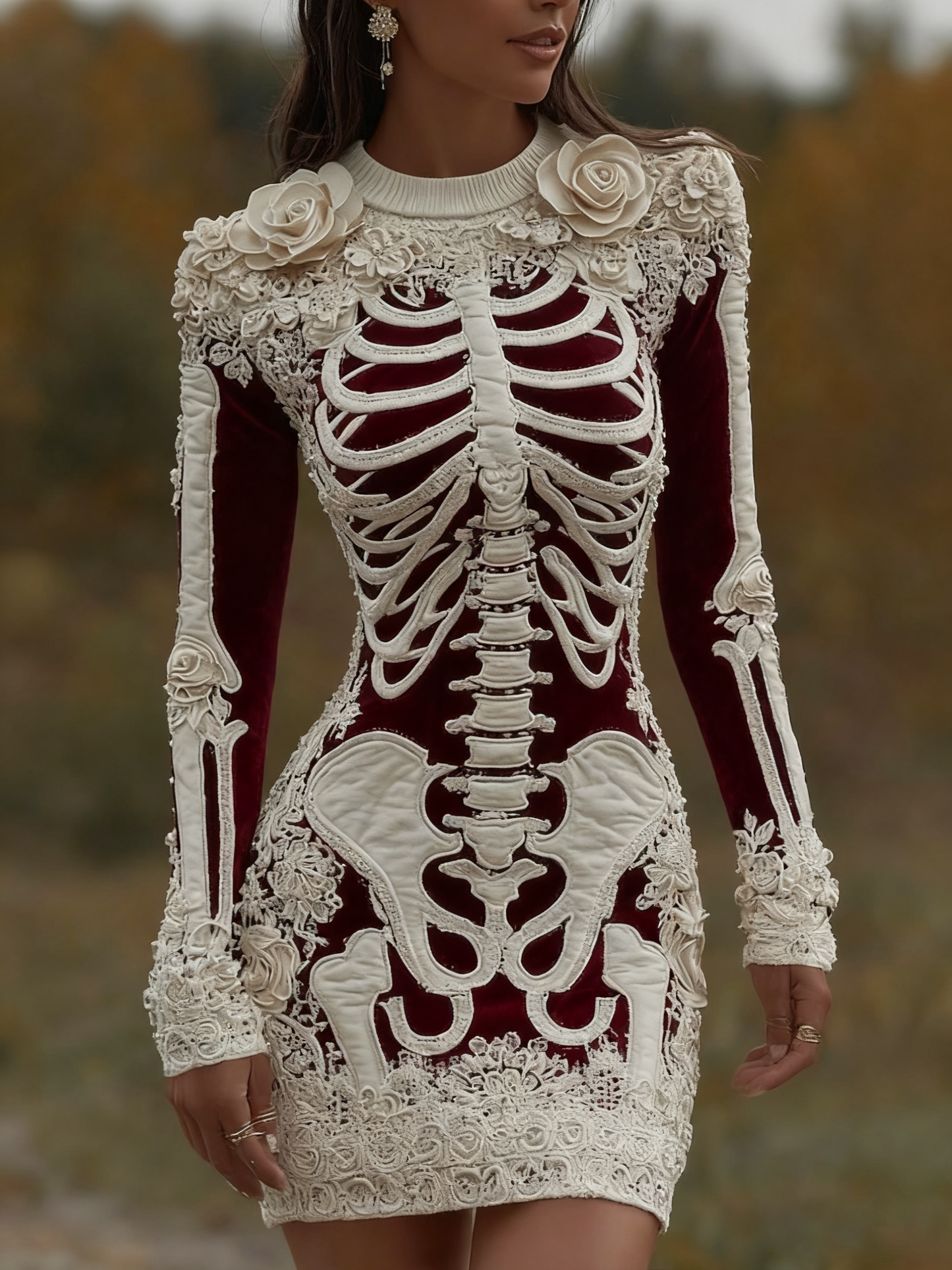 Women's Vintage Halloween Skeleton Bones With Rose Art Cozy Knit Mini Sweater Dress artswardrobe