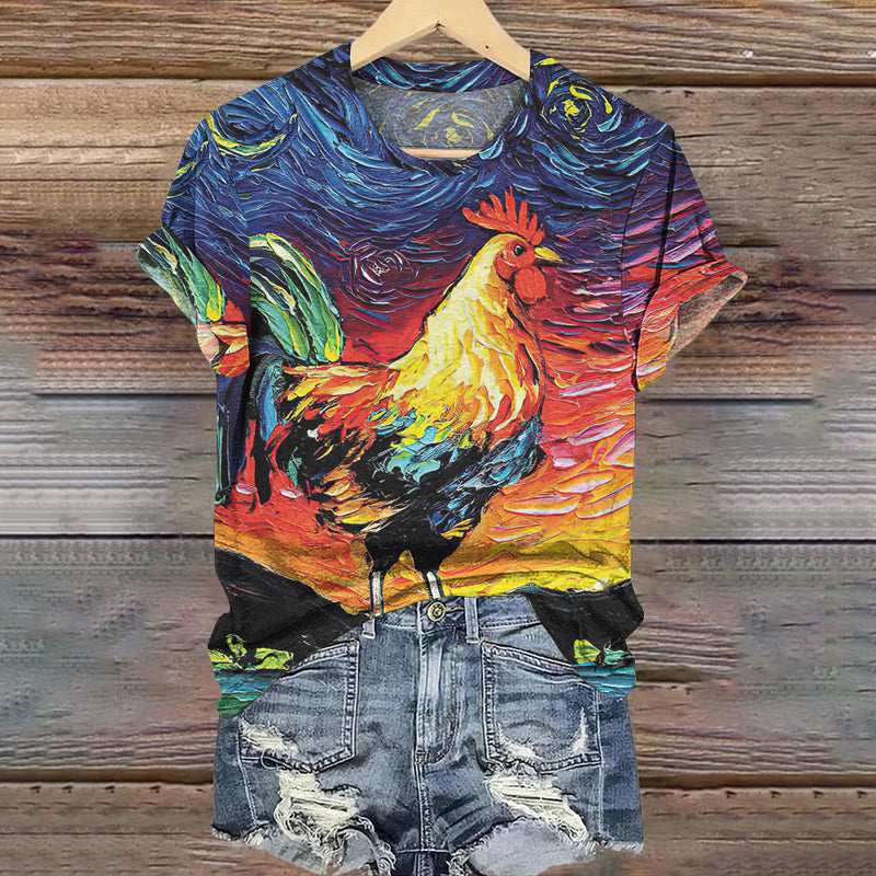 Vintage Oil Painting Rooster Print Women'S T-Shirt artswardrobe