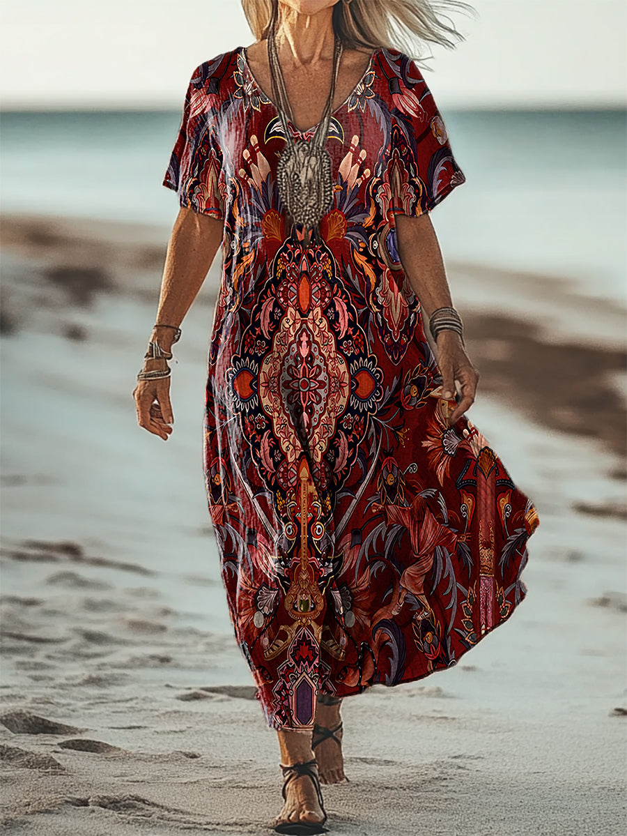 Women's Ethnic Totem Art Patterns Print Short Sleeve Pocket Cotton Lin