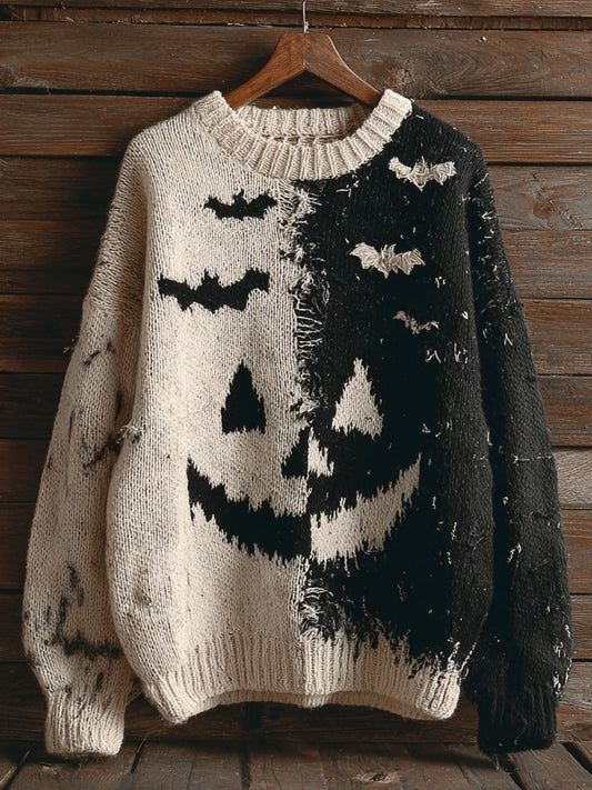 Vintage Halloween Pumpkin Face & Bats Contrast Color Knitted Sweater elevenforest