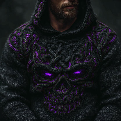 Men's Halloween Skull Celtic Knot Chunky Cozy Knit Hooded Sweater artswardrobe