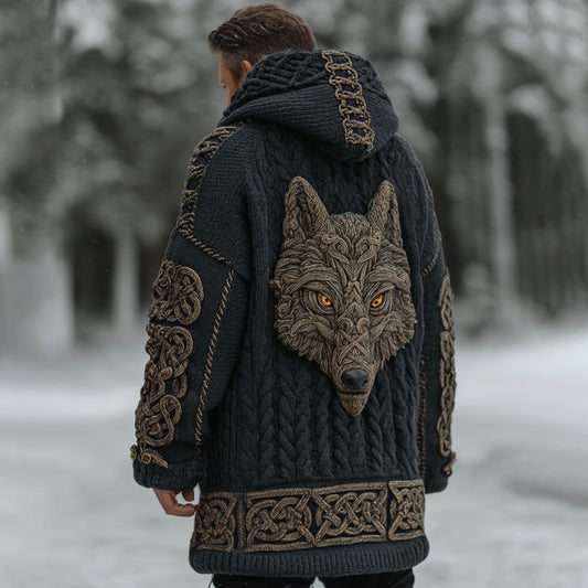 Men's Vintage Viking Celtic Knot Wolf Jacquard Knit Hooded Zipper Sweater Cardigan elevenforest