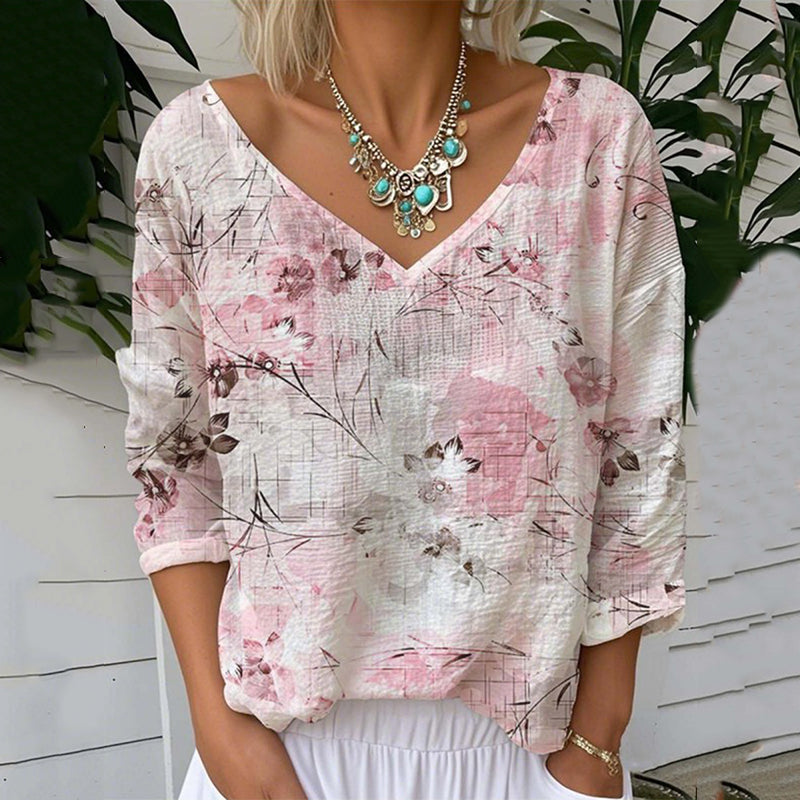 Floral Print V-neck Linen Blend T-shirt artswardrobe