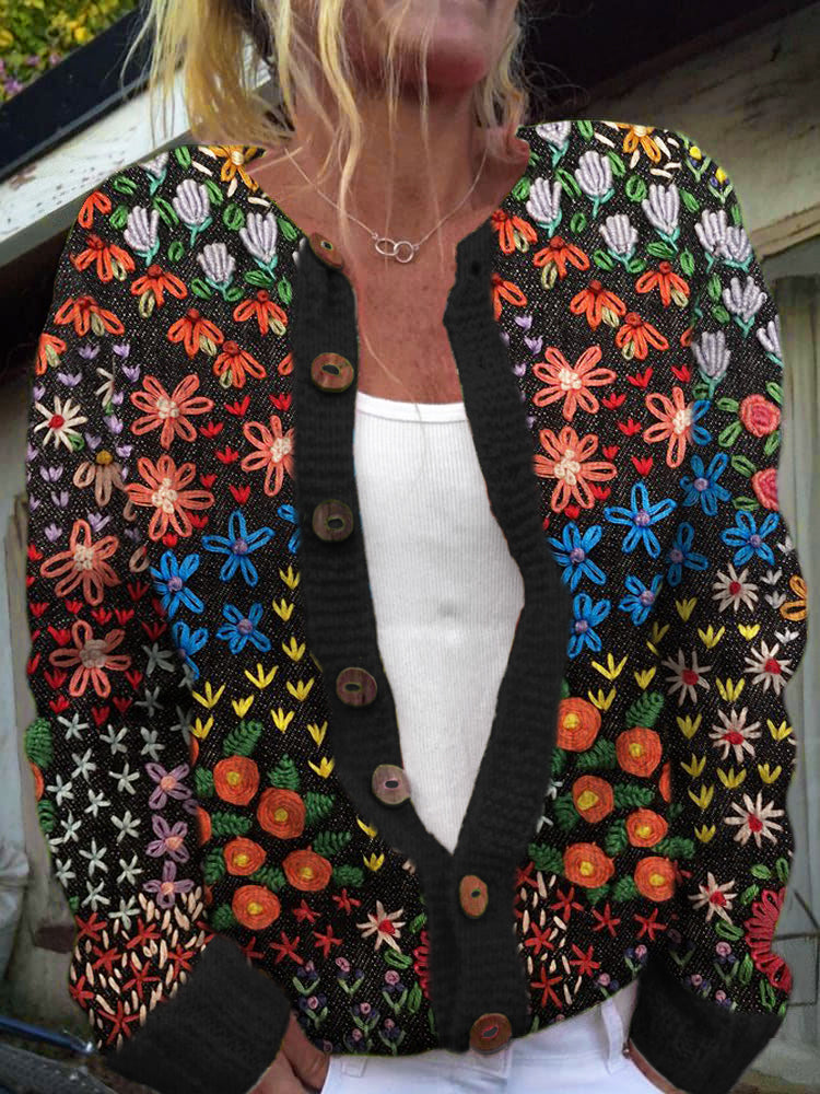 Embroidery Flower Art Women's Knitted Cardigan artswardrobe