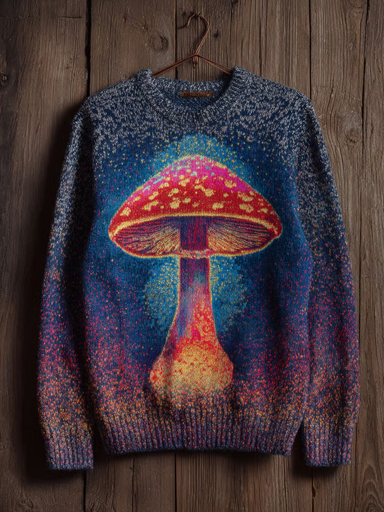Women's Retro Mushroom Print Crew Neck Sweater artswardrobe