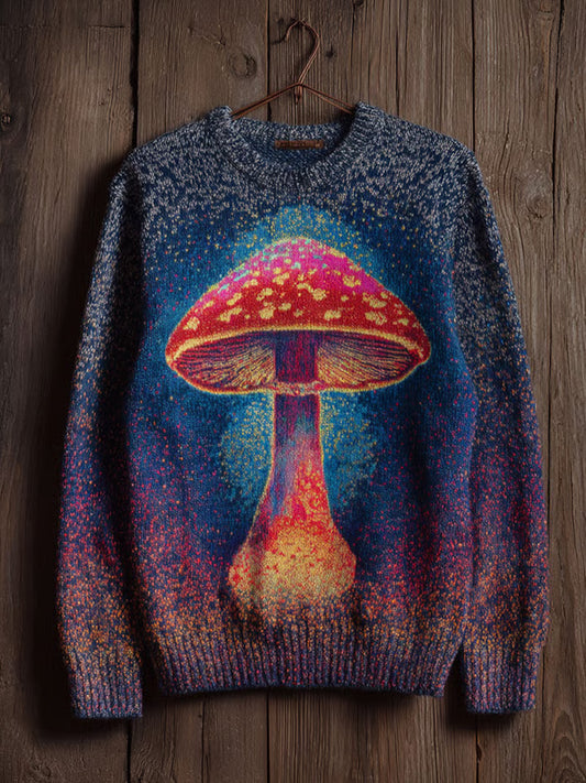 Women's Retro Mushroom Print Crew Neck Sweater artswardrobe