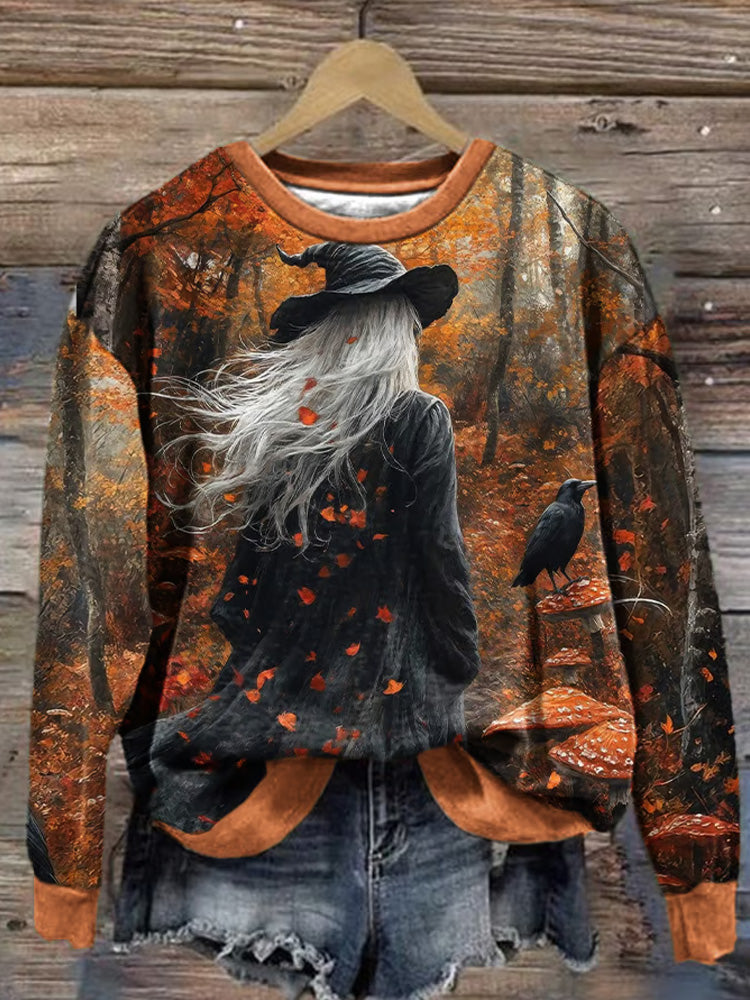 Women's Casual Fall Halloween Forest Witch Print Sweatshirt artswardrobe