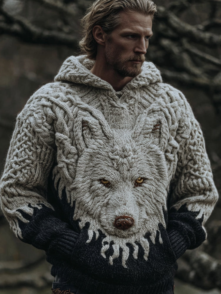 Men's Viking Style Wolf Headed Hooded Sweater artswardrobe