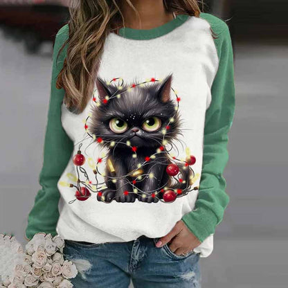 Women's Winter Black Cat Christmas Print Casual Sweatshirt elevenforest