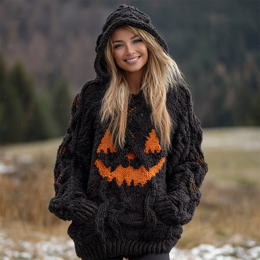 Halloween Pumpkin Face Women's Chunky Knit Hooded Sweater elevenforest