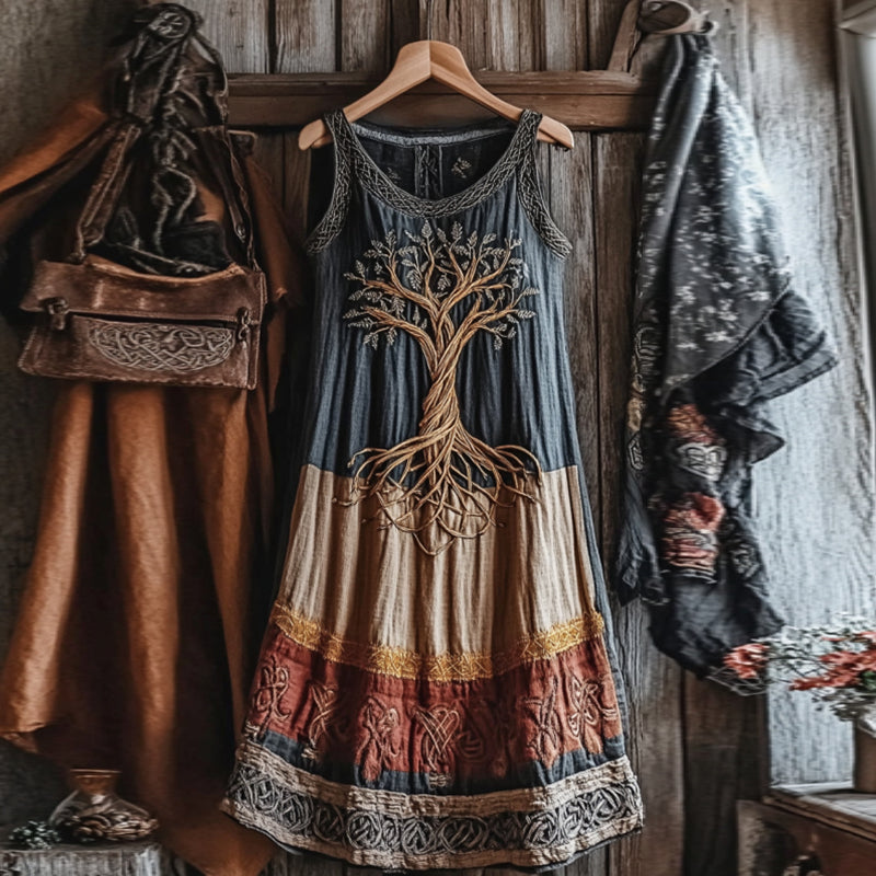 Vintage Viking Pattern Color Block Casual Tank Dress artswardrobe