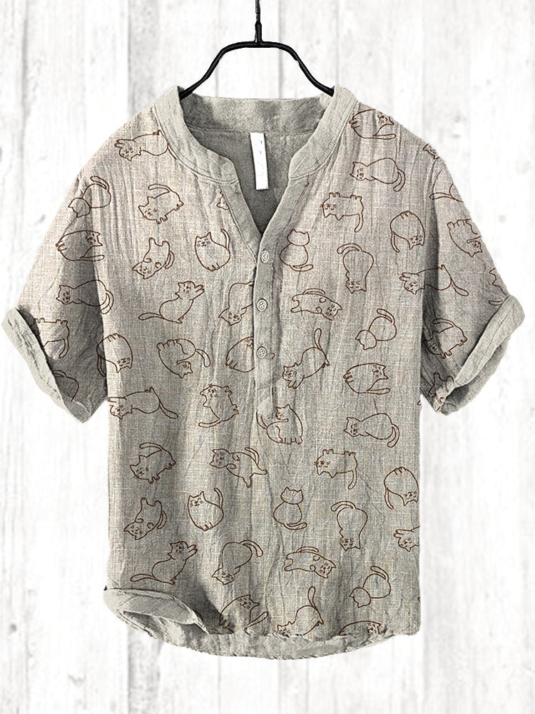 Vintage Japanese Cats Printed Casual Cozy Cotton Linen Shirt elevenforest