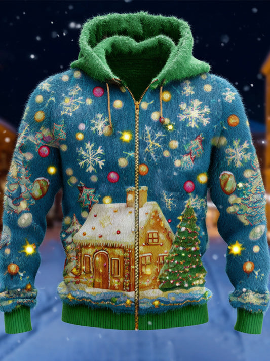 Comstylish Christmas Christmas House Color Zipper Sweater Hooded Cardigan