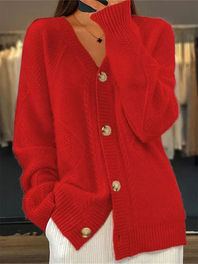 Cardigan in misto cashmere con bordo a trecce delicato e chiusura a bottoni