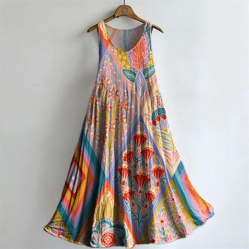 Women's Retro Floral Art Print Sleeveless Cotton Pocket Dress