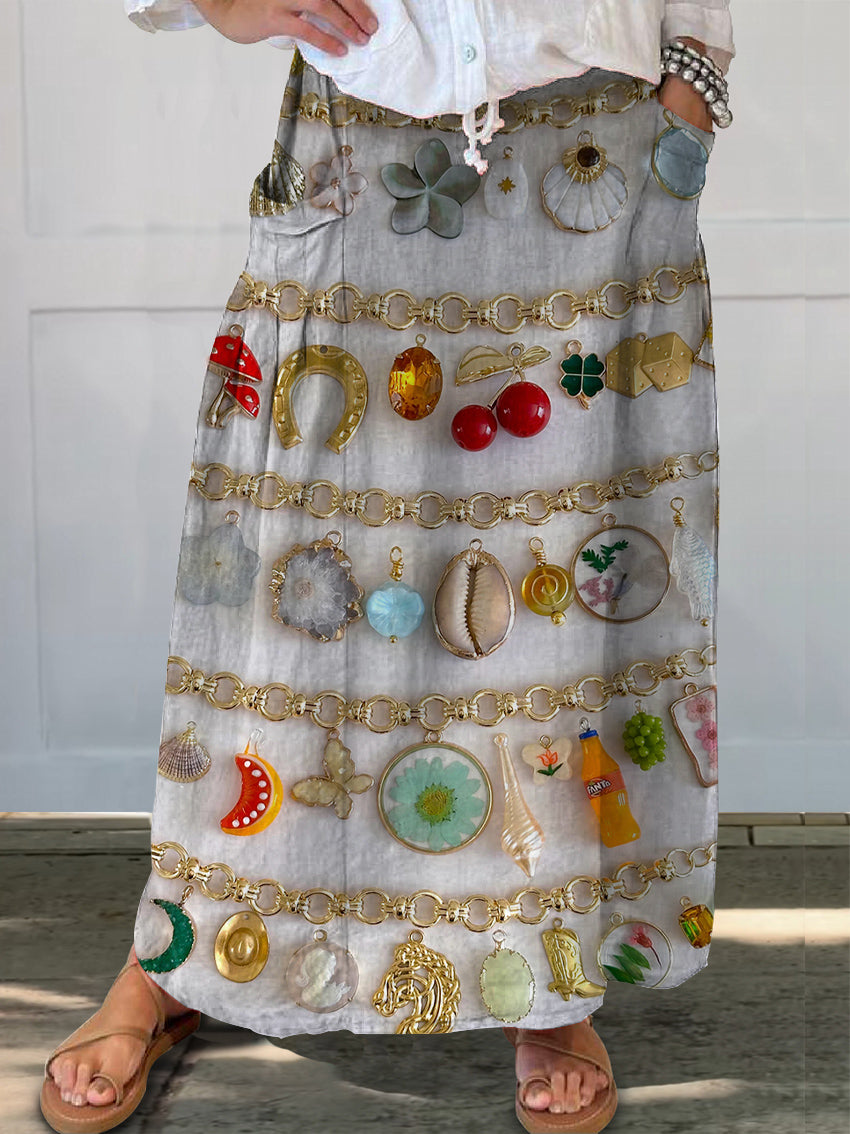 Women's Jewelry Chain Pattern Art Printed Linen Pocket Skirt
