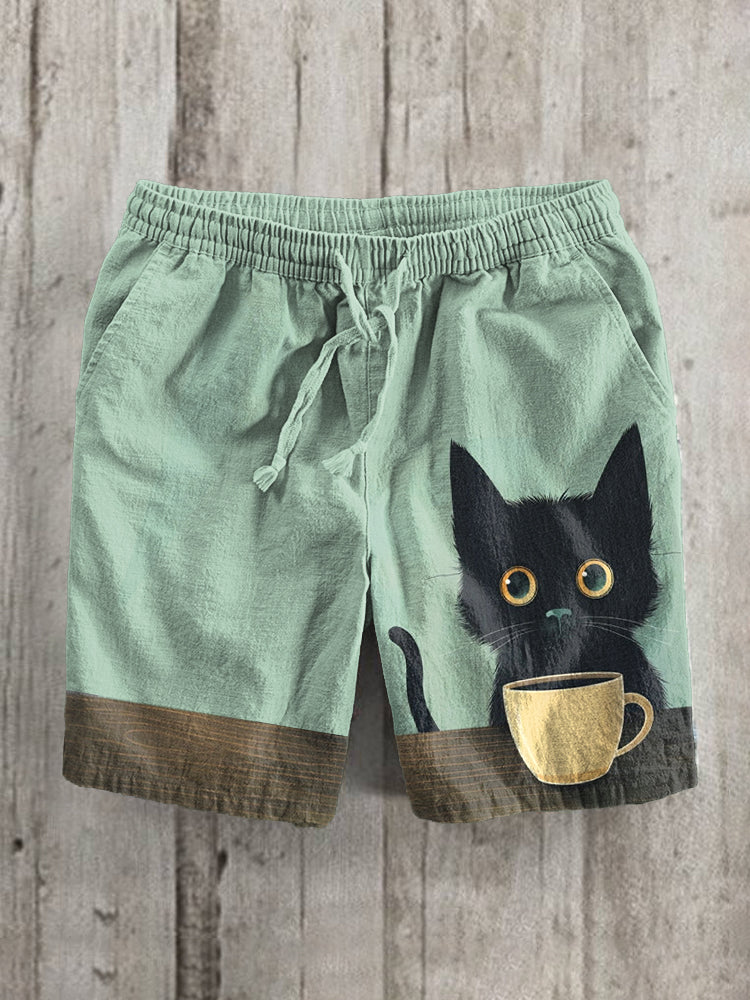 Vintage Black Cat Print Linen Blend Casual Shorts elevenforest