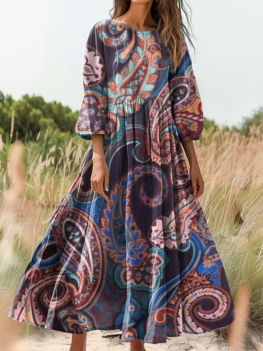 Women's Retro Bohemian Ethnic Paisley Print Flowy Cotton Crew Neck Dre