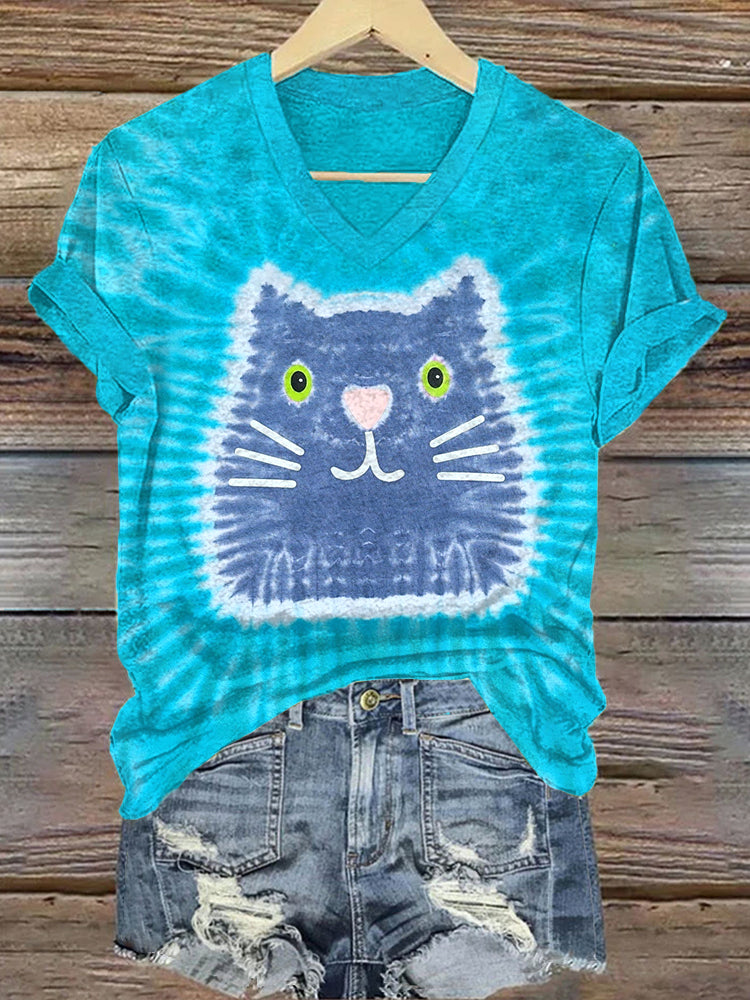 Cute Cat Pattern V-Neck Short Sleeve T-Shirt artswardrobe