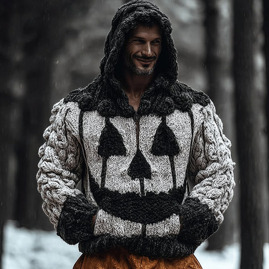 Men's Halloween Pumpkin Expression Black And White Color Scheme Thick Needle Antique Thick Hooded Sweater artswardrobe