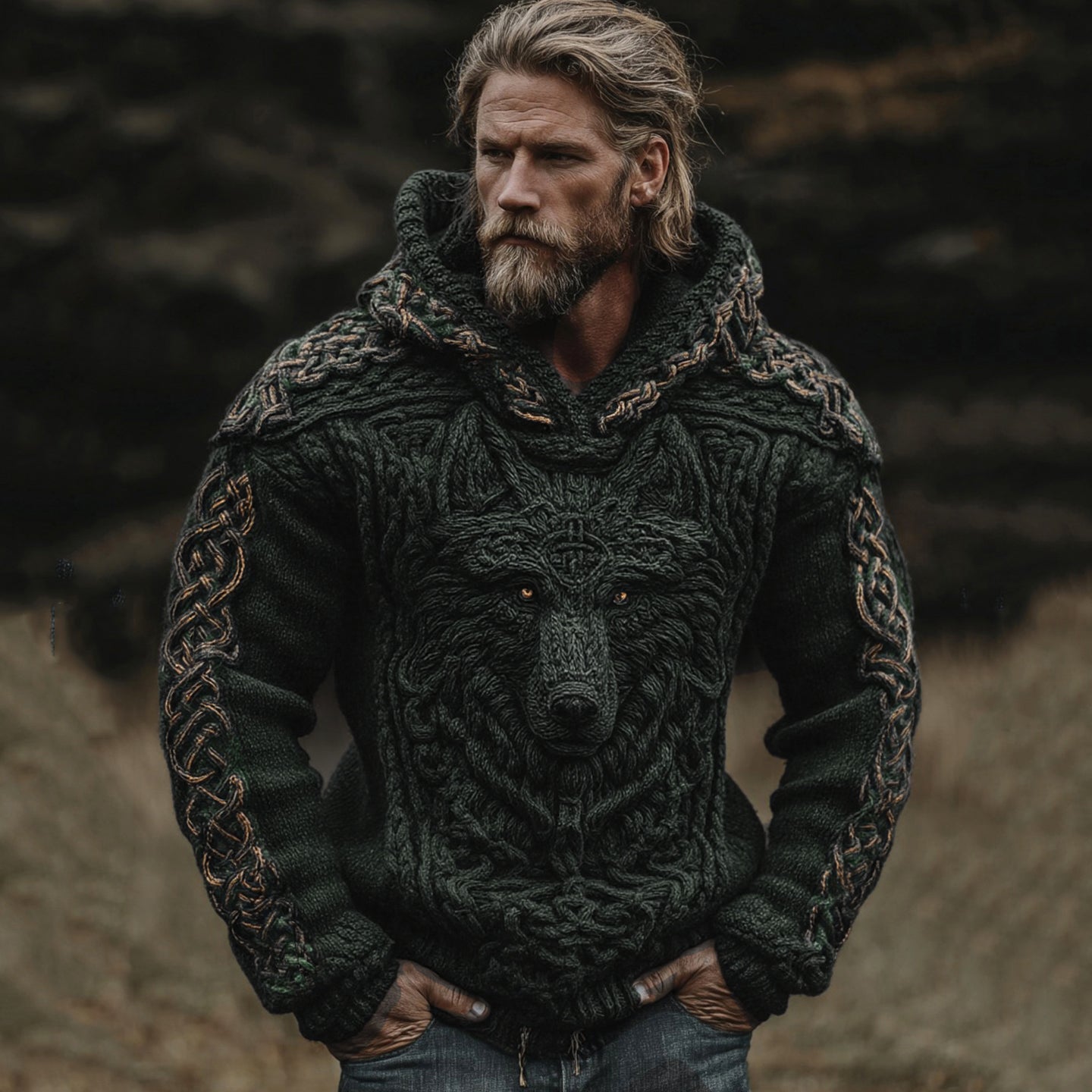 Men's Viking Wolf Celtic Knot Jacquard Knitted Hooded Sweater elevenforest